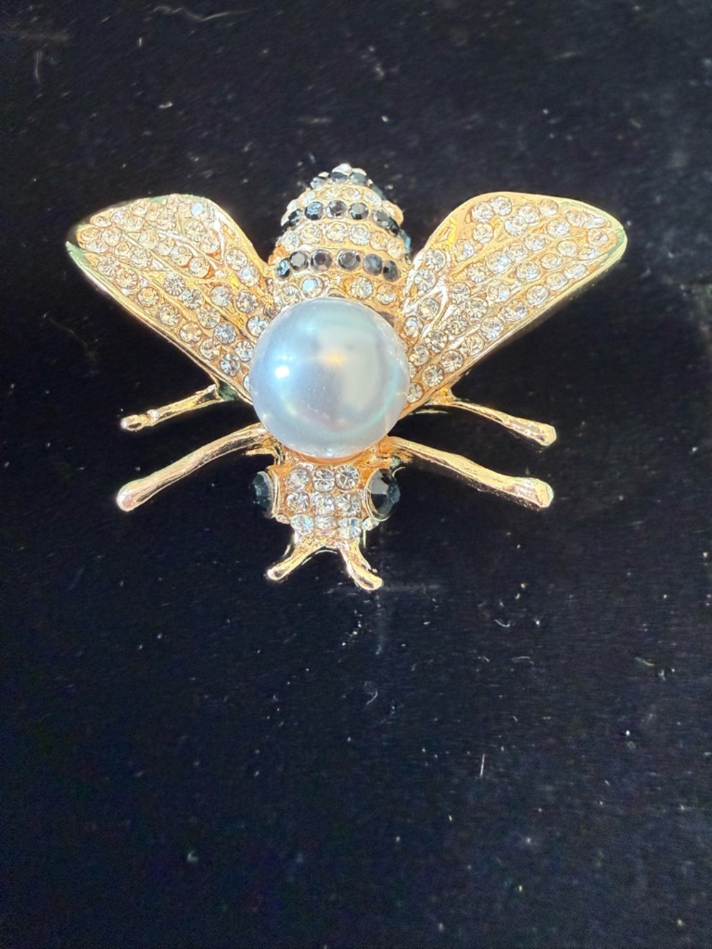Gold Bee Brooch with Pearl and Black Crystal Accents - Women Jewelry - Picture 6 of 6